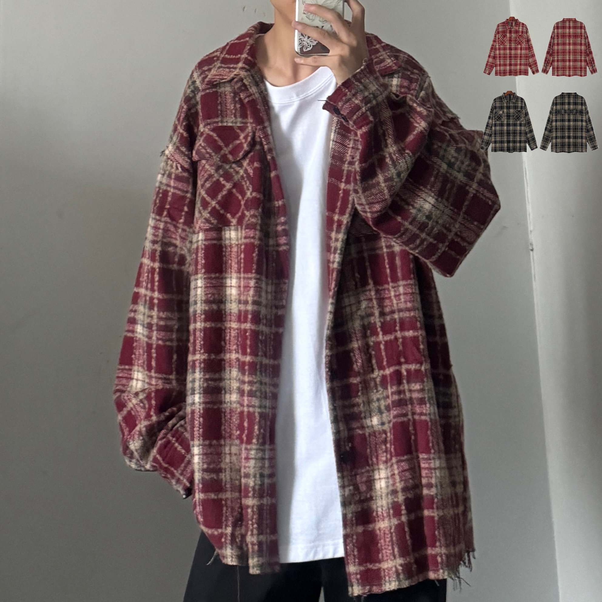 Jimei·秋季新款磨毛流苏刺绣贴布格纹外套·中性风【推荐款】