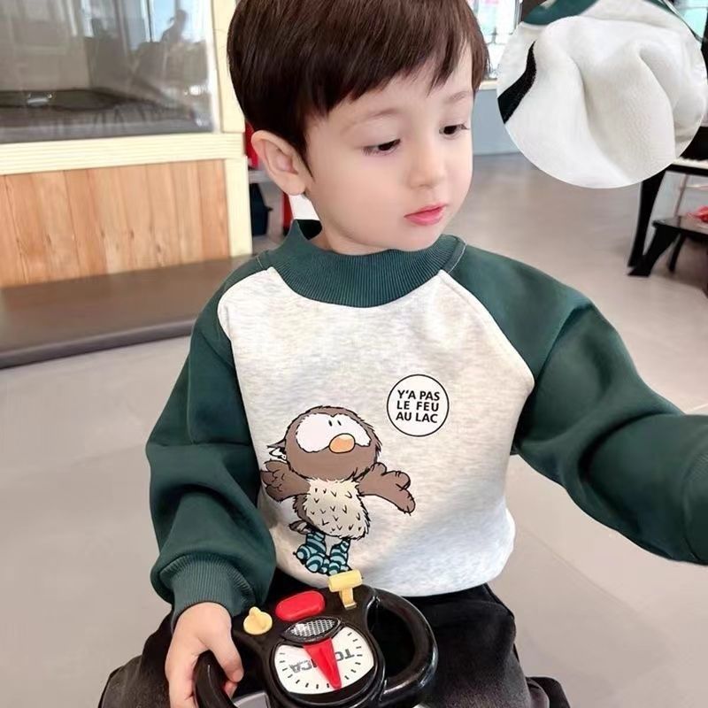 巴拉童装印花加绒卫衣2023秋冬新款韩版帅气卡通一体绒上衣男童卫