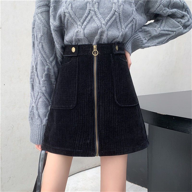 大码韩版一片式灯芯绒A字短裙女 冬款胖妹妹高腰显瘦遮胯半身裙潮