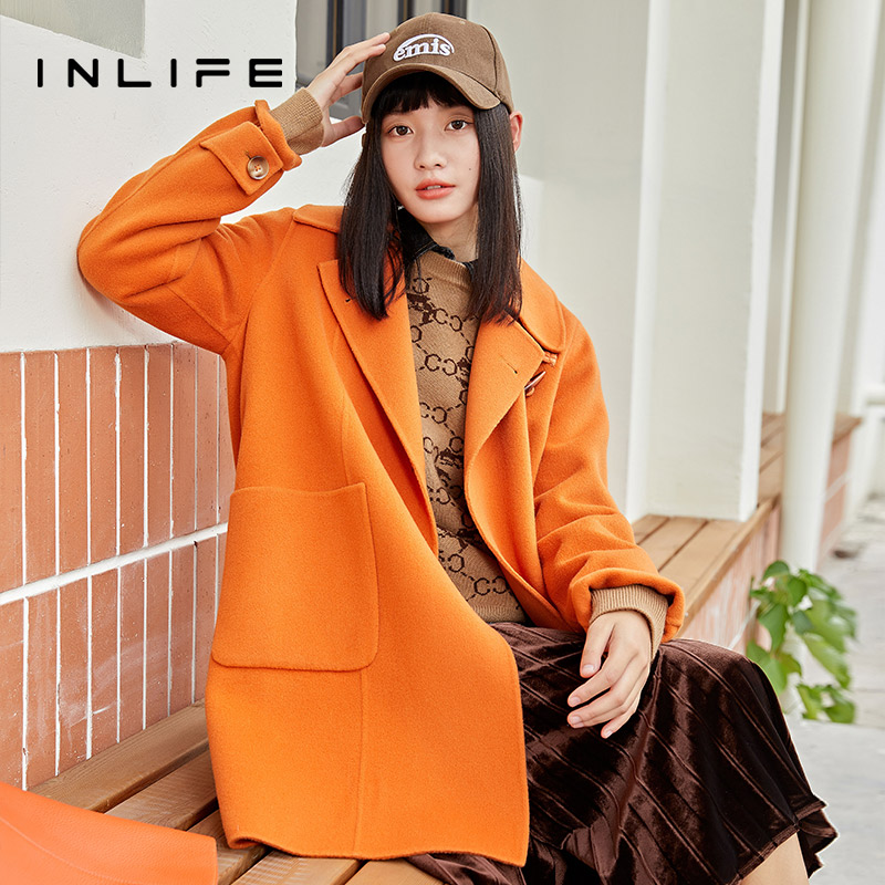 inlife牛角扣双面呢大衣新款中长款保暖设计感羊毛外套Y22D1N9015