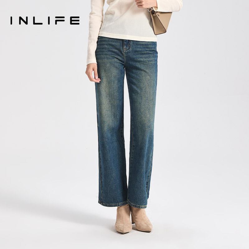 inlife美式复古高腰牛仔裤时尚微喇裤宽松直筒阔腿裤M23D2K7561