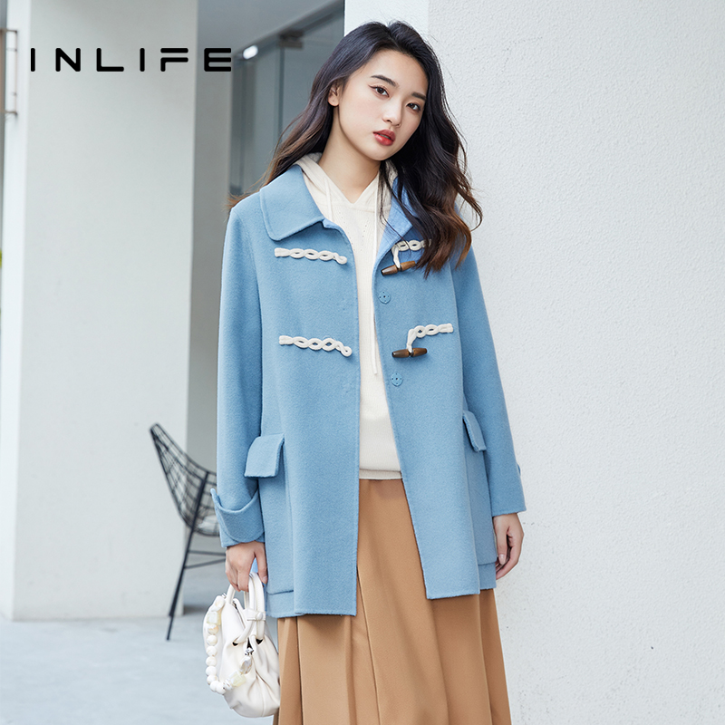 [粉丝专享] inlife新款牛角扣双面毛呢中长款羊毛大衣Z21Q4N5180