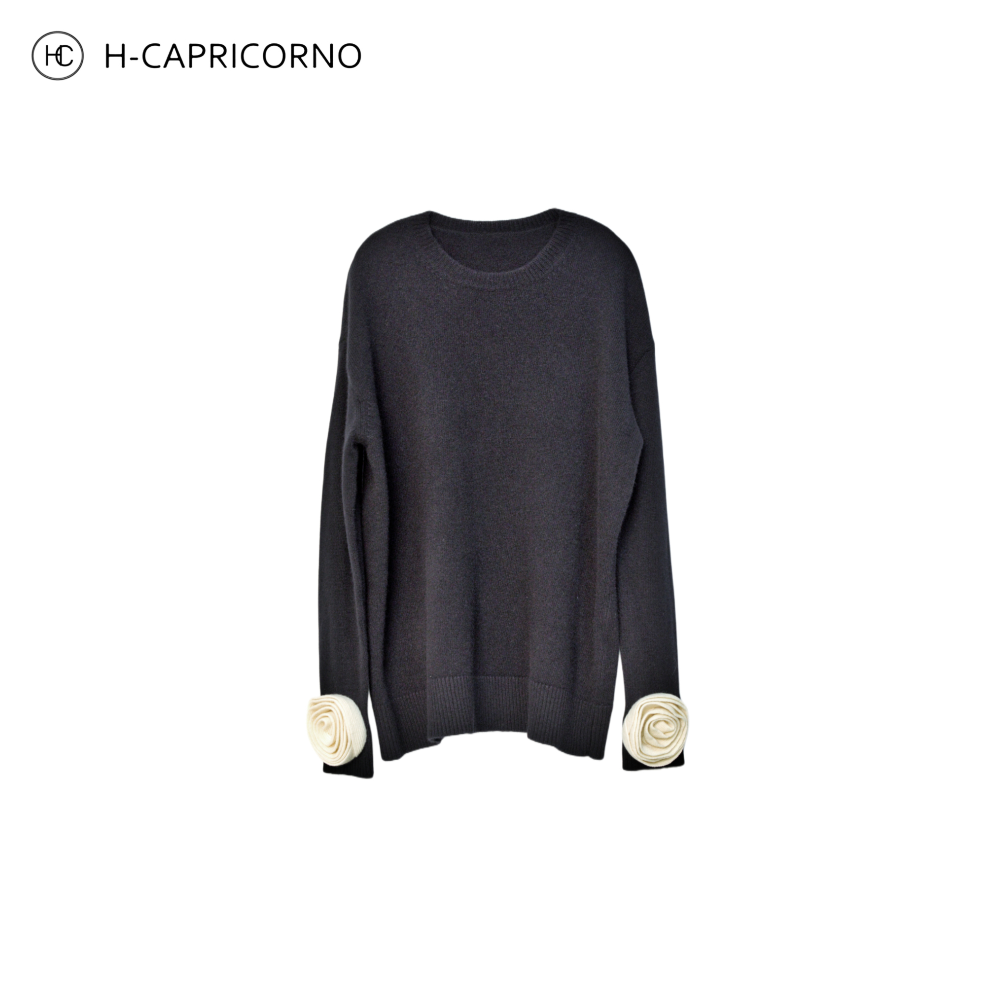 H-CAPRICORNO柜品圆领长袖玫瑰花朵装饰直筒绵羊毛针织毛衣