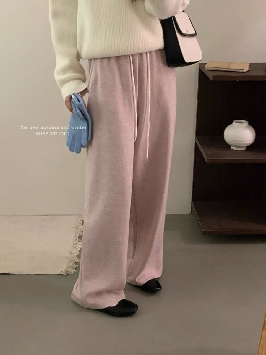 休闲裤女2026秋冬新款松紧腰抽绳直筒阔腿毛巾长裤宽松