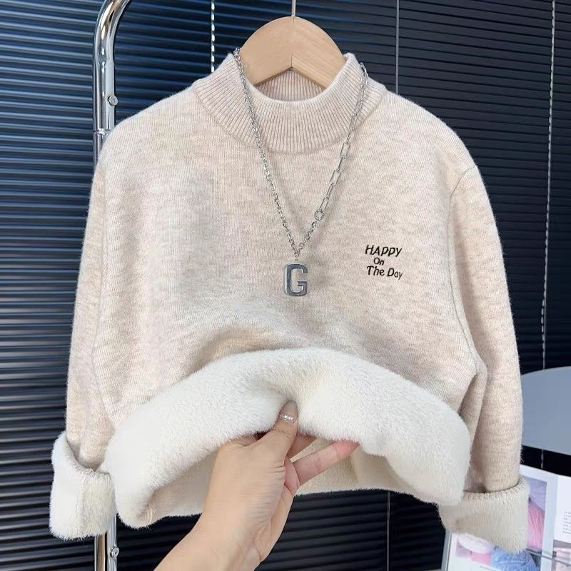 秋冬新款男女童加厚一体绒毛衣中大童女孩保暖针织衫男孩打底衫