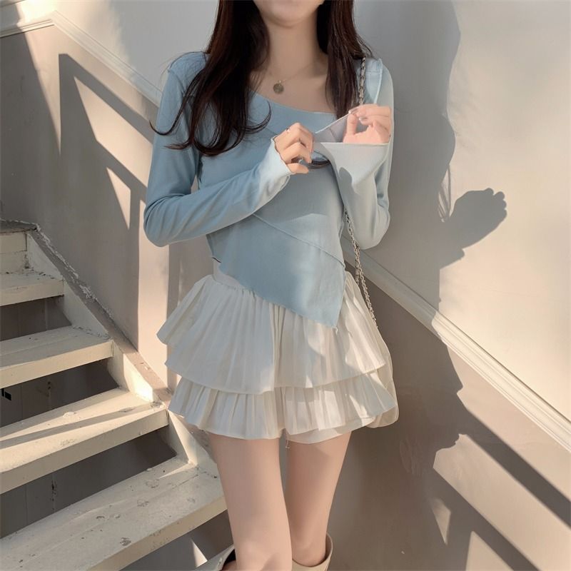 芭蕾风套装女蓬蓬蛋糕百褶裙+不规则冰丝上衣两件套2023秋季新款