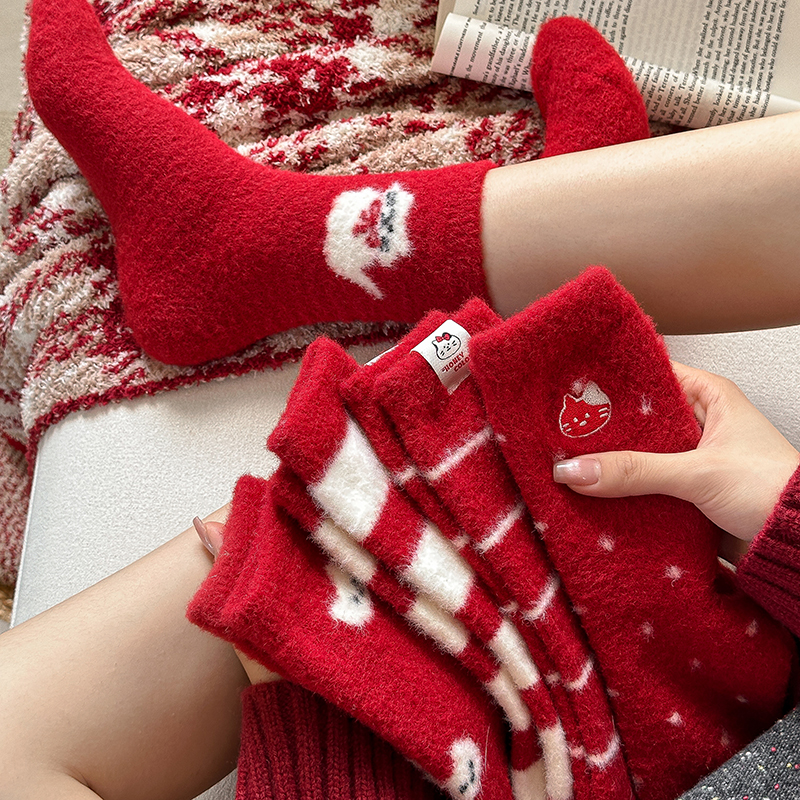 澳绒红袜子女款秋冬季加绒加厚保暖睡眠袜大红色本命年毛绒地板袜