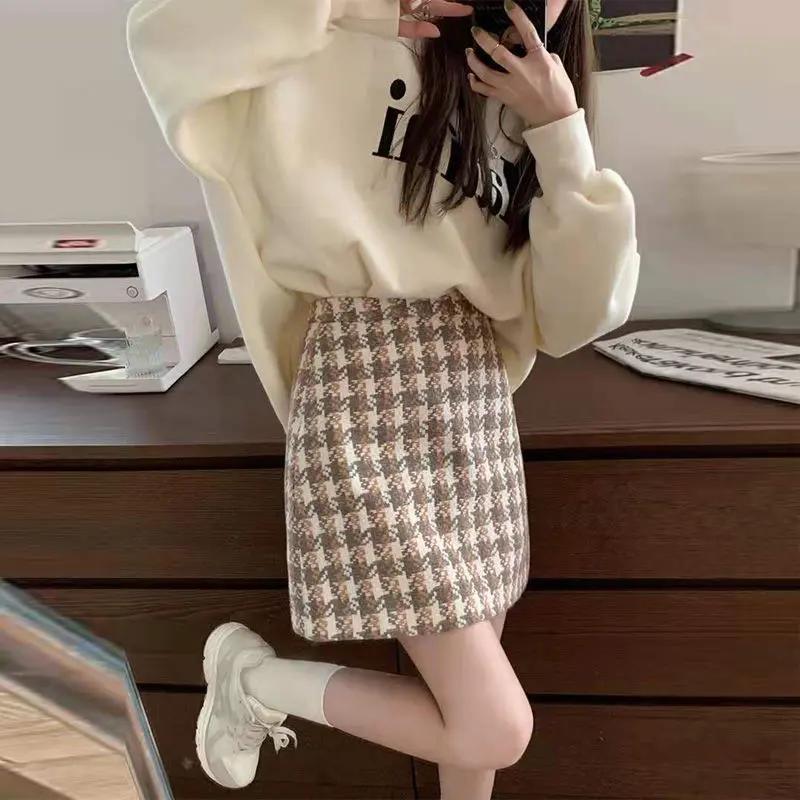 单/套装女秋冬女小个子学生加绒卫衣+毛呢a字短裙子两件套2023