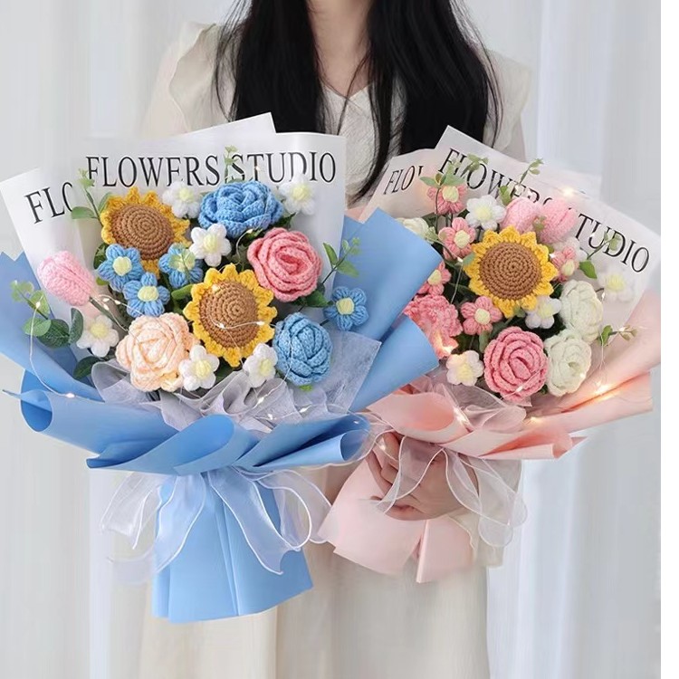 手工编织毛线康乃馨混搭向日葵花束送老师教师节送女友情人节礼物