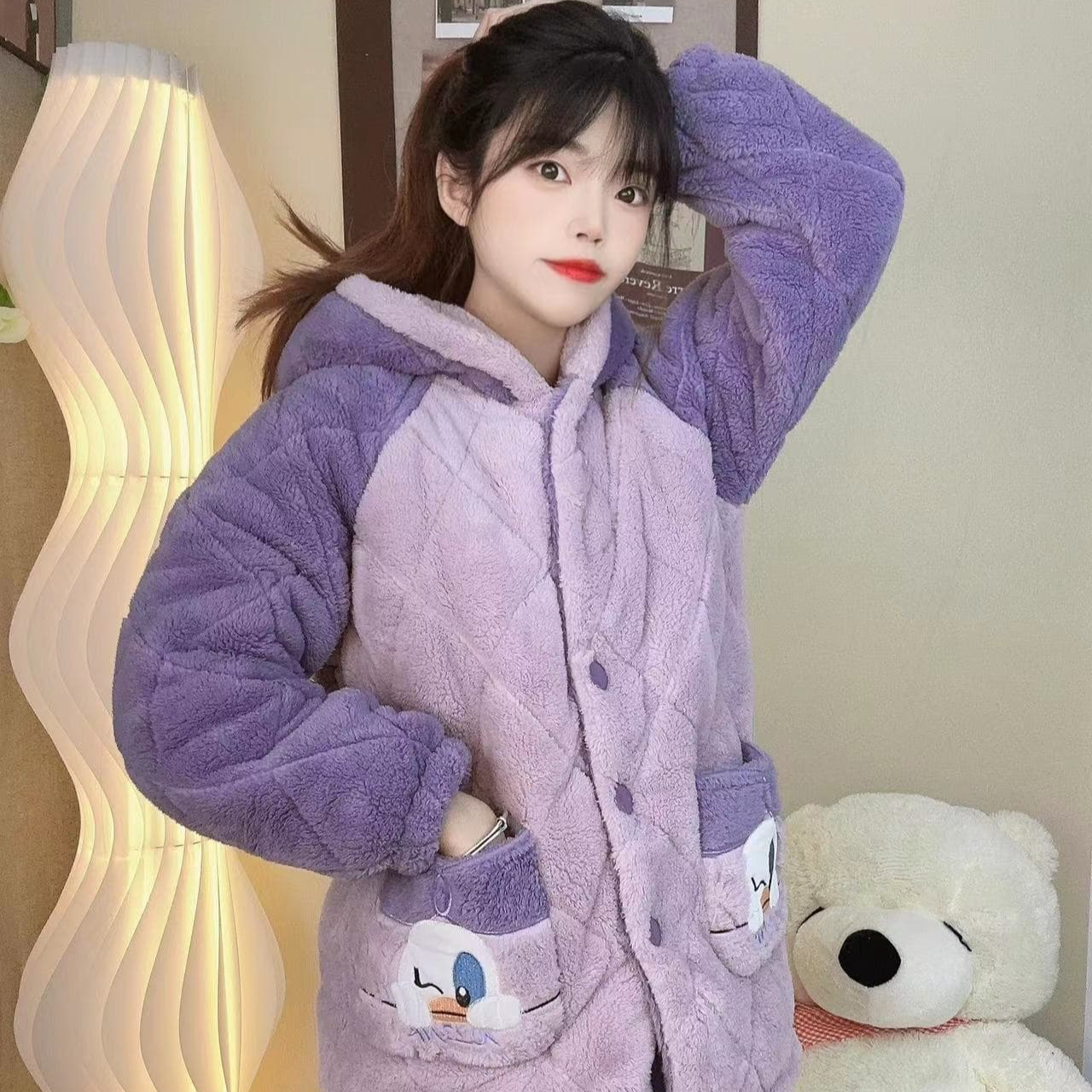 《BINGBING》三层夹棉冬季女加绒保暖加厚卡通可爱珊棉袄外穿家居服