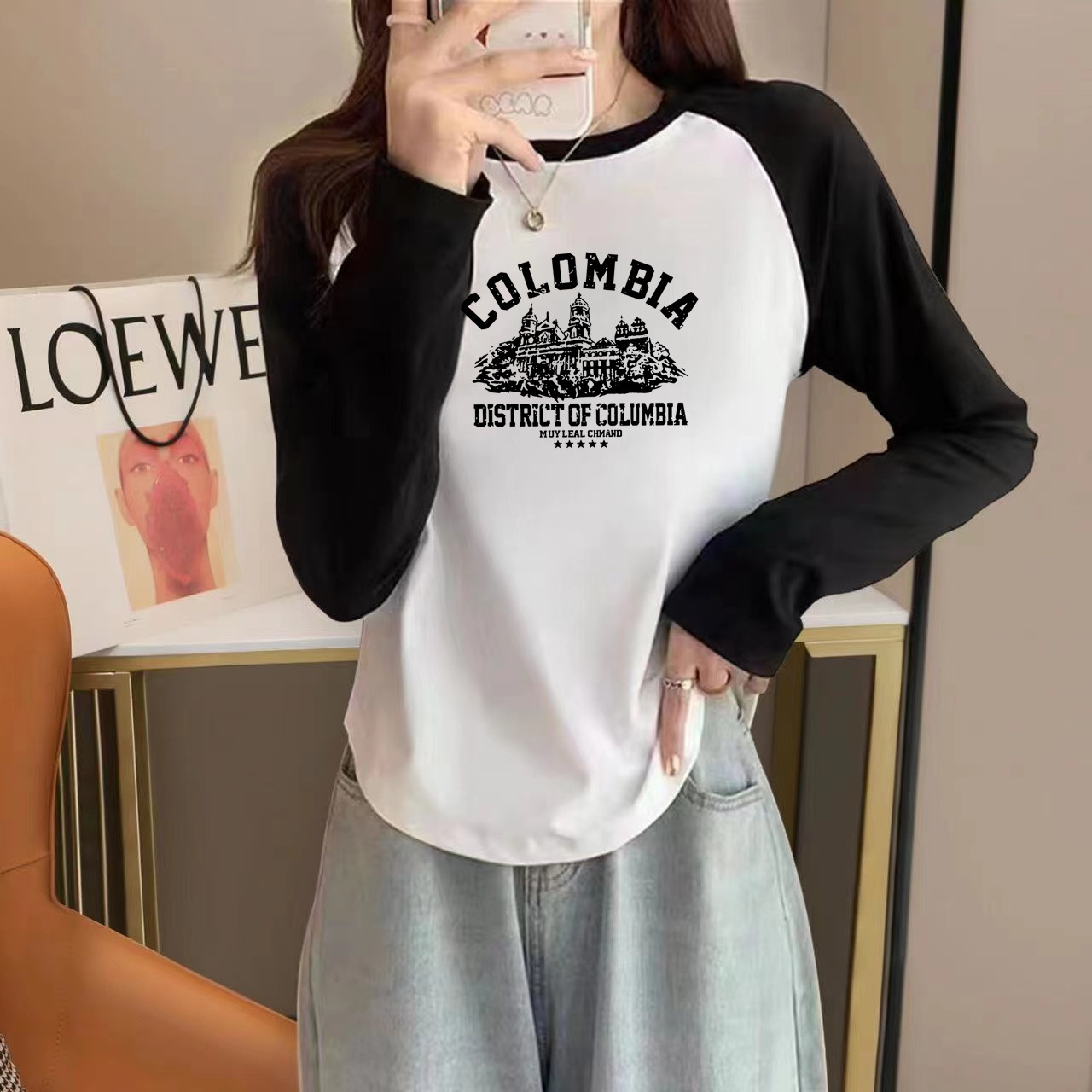 美式复古黑白撞色拼接长袖T恤女早秋季韩版修身百搭插色上衣潮ins