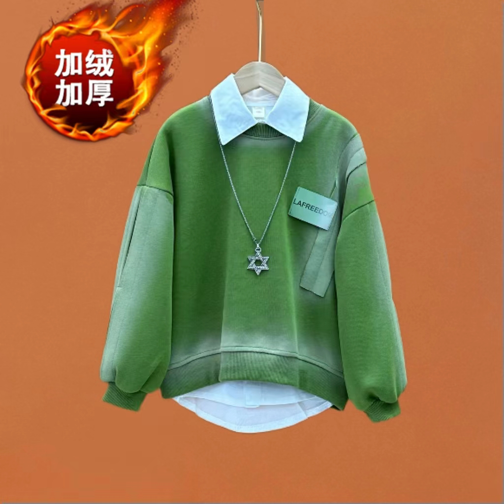 现货冬装男女童加绒圆领卫衣中大童一体绒加厚上衣冬【不含衬衫】