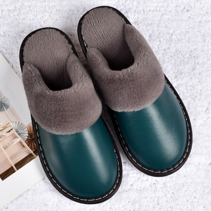 牛筋头层牛皮加绒真皮居家拖鞋男女情侣室内防滑冬季防水家用保暖