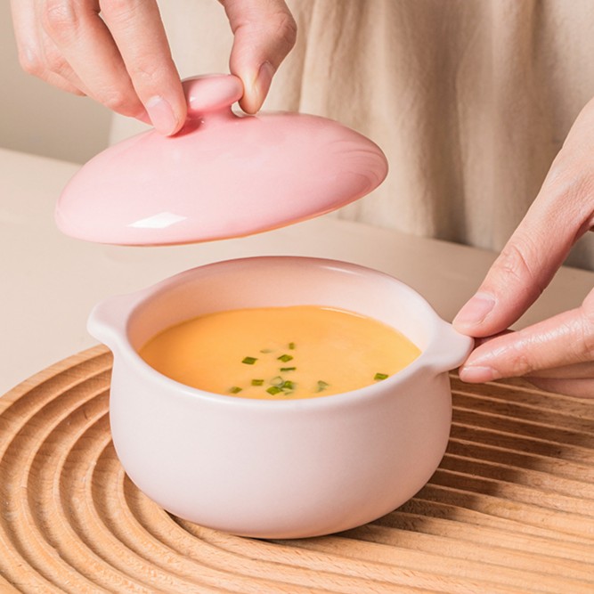 ezicok陶瓷蒸蛋专用碗带盖双耳宝宝辅食碗【哑光釉不能用铁勺】