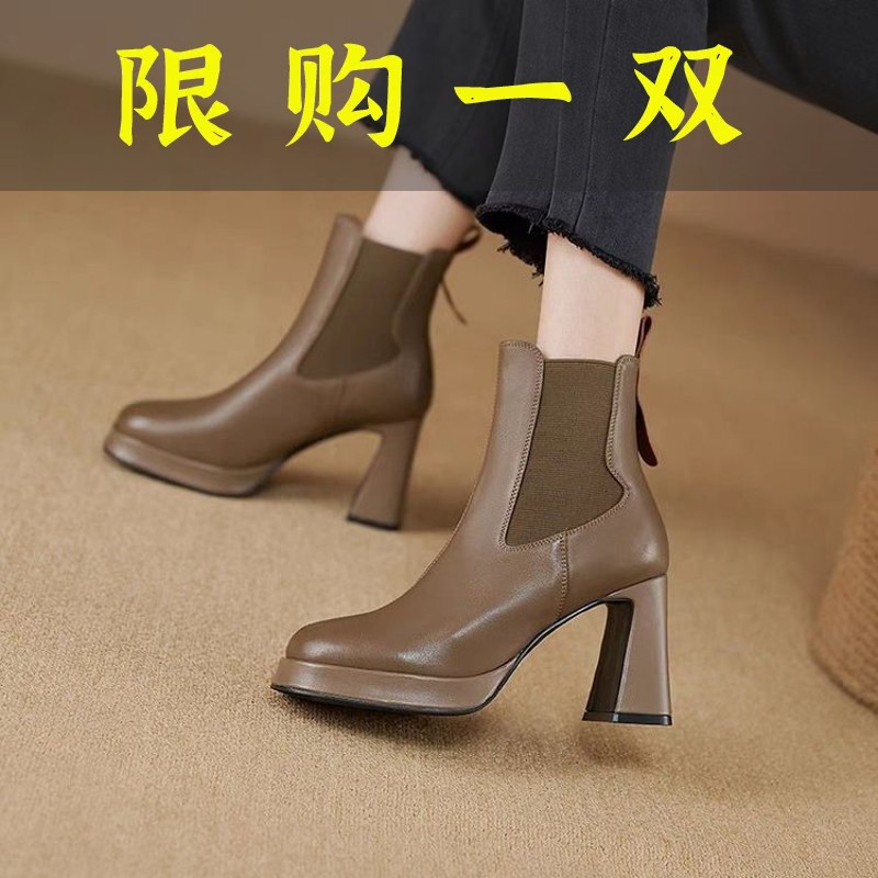 红蜻蜓牌2023新款软皮高跟短靴女防水台粗跟英伦风马丁靴秋冬单