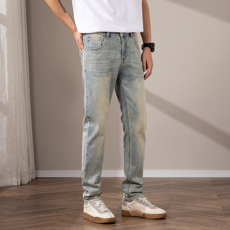 秋季新款黄泥色潮流牛仔裤薄款男士小直筒百搭休闲长裤