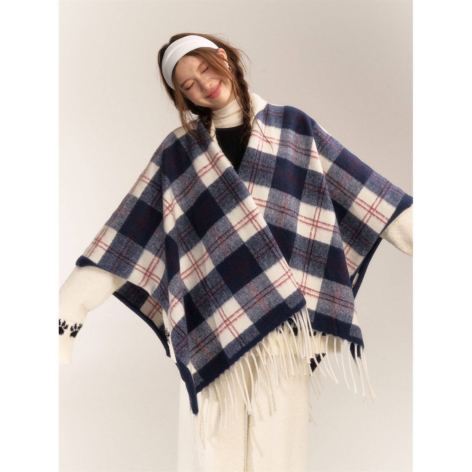 AsGony 复古格子流苏休闲披肩