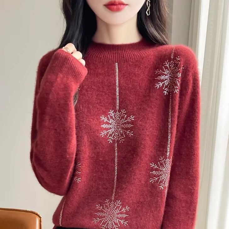 【100%羊毛】25冬季新款雪花烫钻加厚半高领减龄高级显瘦羊毛衫百搭