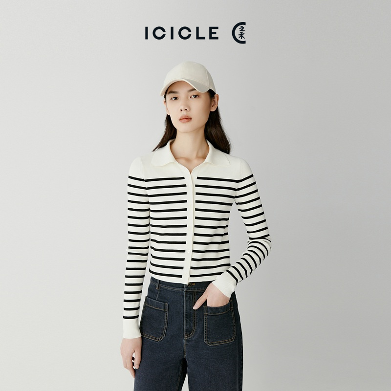 ICICLE之禾女装超细棉条纹时尚短款翻领开衫0314
