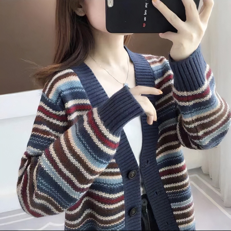 【藏青彩虹开衫】重工提花彩虹撞色针织开衫A999