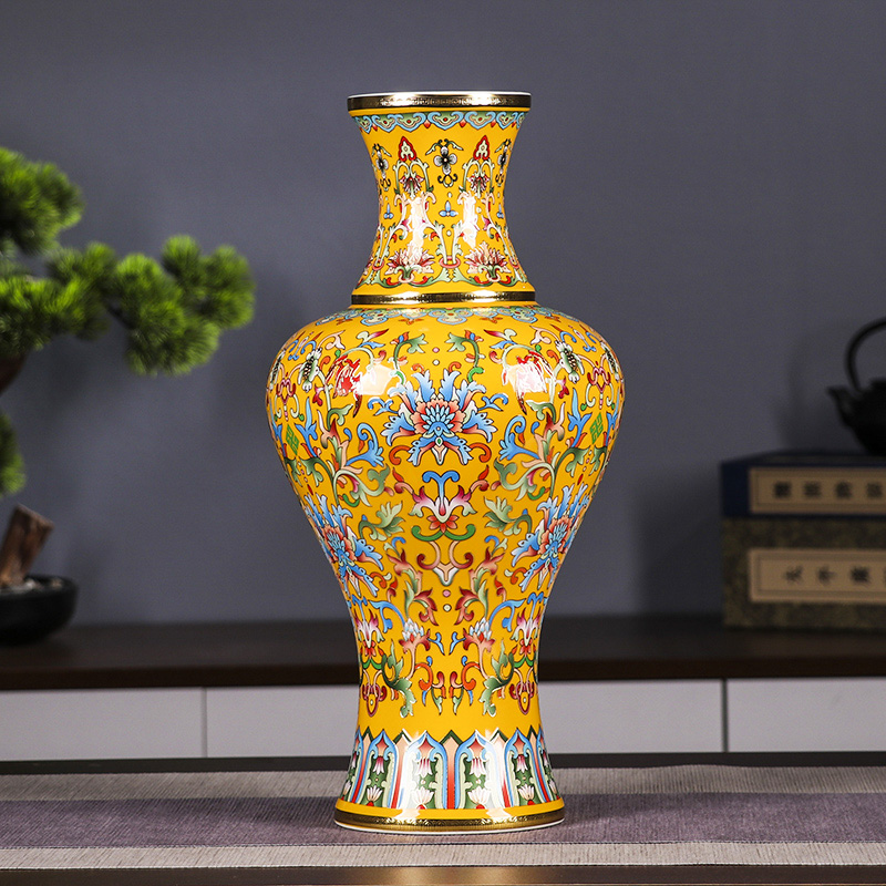 景德镇陶瓷花瓶珐琅彩掐丝鱼尾瓶黄色手工瓷器