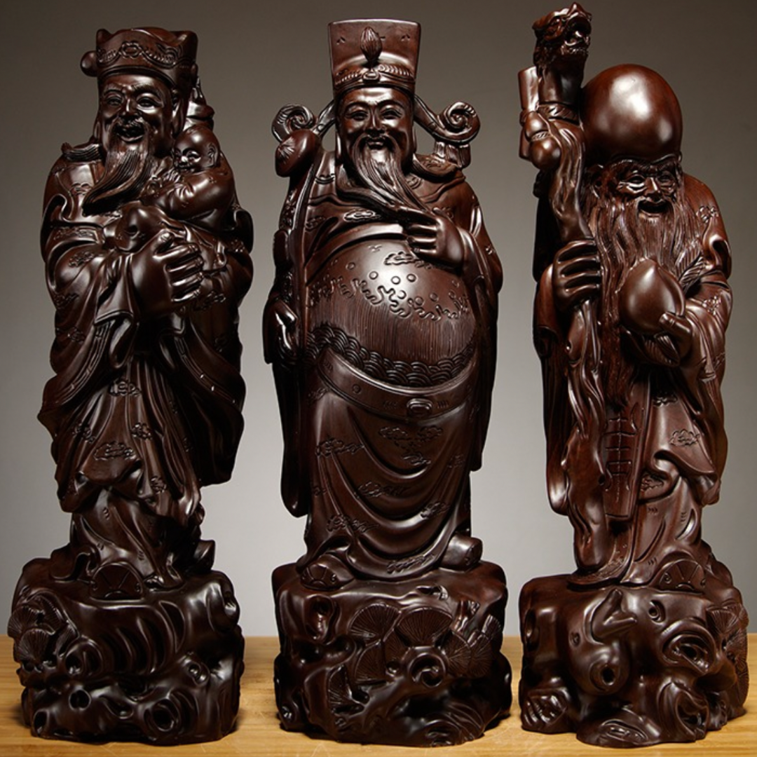 黑檀木雕福禄寿喜财三星摆件实木家居客厅装饰工艺品生日贺寿送礼