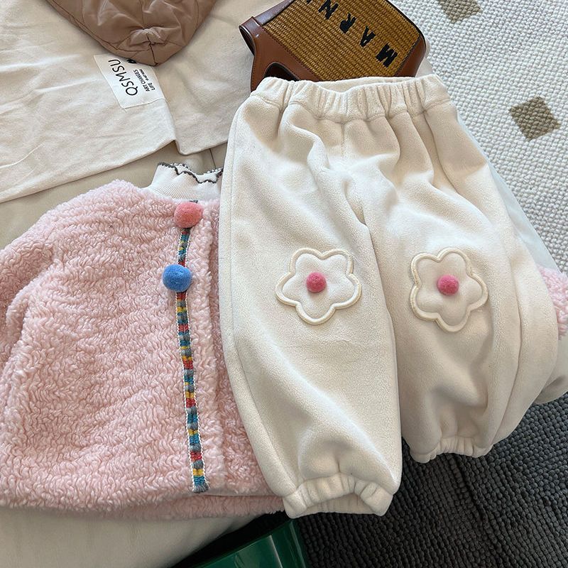 巴拉推荐女童卫裤秋冬韩版加绒加厚女宝宝小花休闲裤小童运动裤保