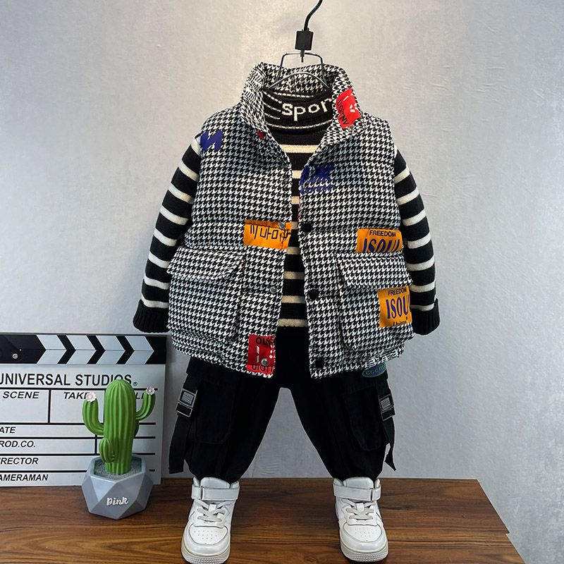 巴拉甄选儿童加厚马甲秋冬洋气宝宝棉服千鸟格保暖外套冬季男童外