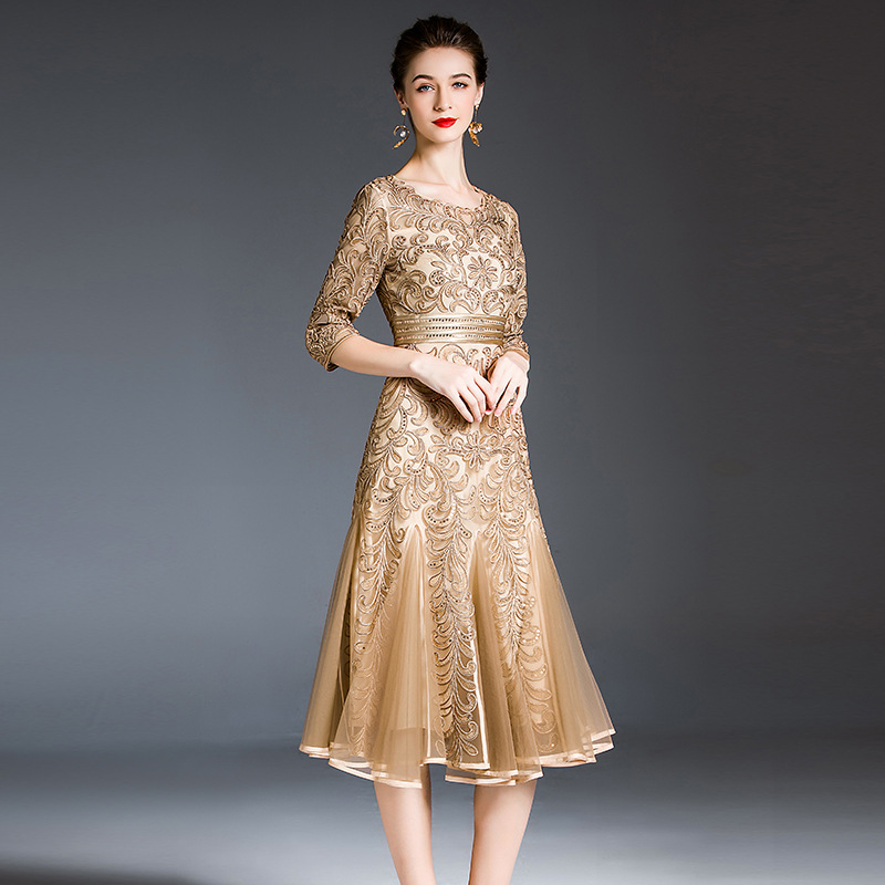2023新款盘花大码连衣裙外贸婚庆婚宴圆领宴会礼服妈妈装