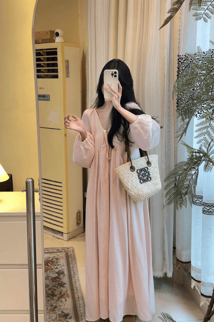 【ROUROU】庄园日记｜温柔风圆领宽松褶皱泡泡袖超仙连衣裙Ro-2436