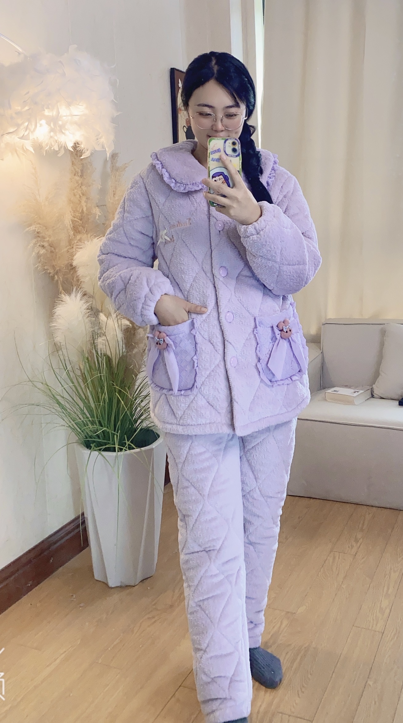 夹棉加厚睡衣家居服长袖保暖加绒蝴蝶结居家套装秋冬季2351