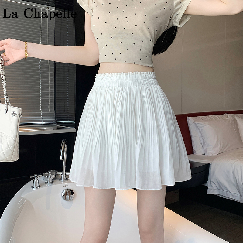 拉夏贝尔小个子雪纺百褶半身短裙女2024夏季高腰a字裙白色蓬蓬裙