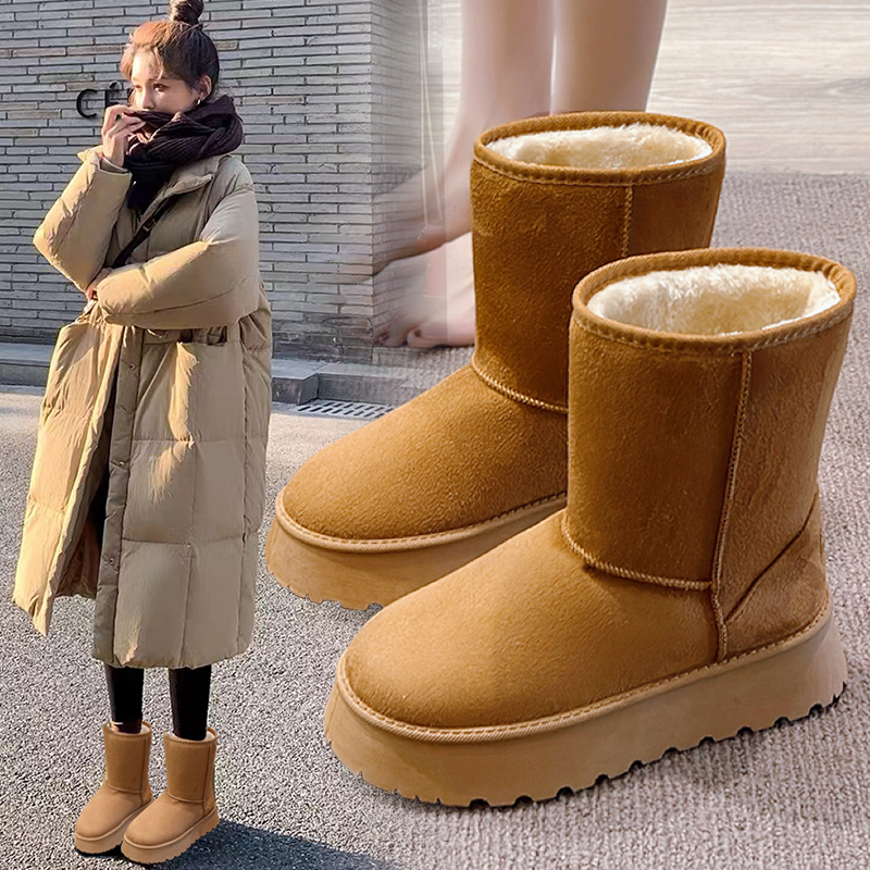回力瑞时尚雪地靴女加绒加厚增高厚底保暖黑色中筒小个子毛毛短靴