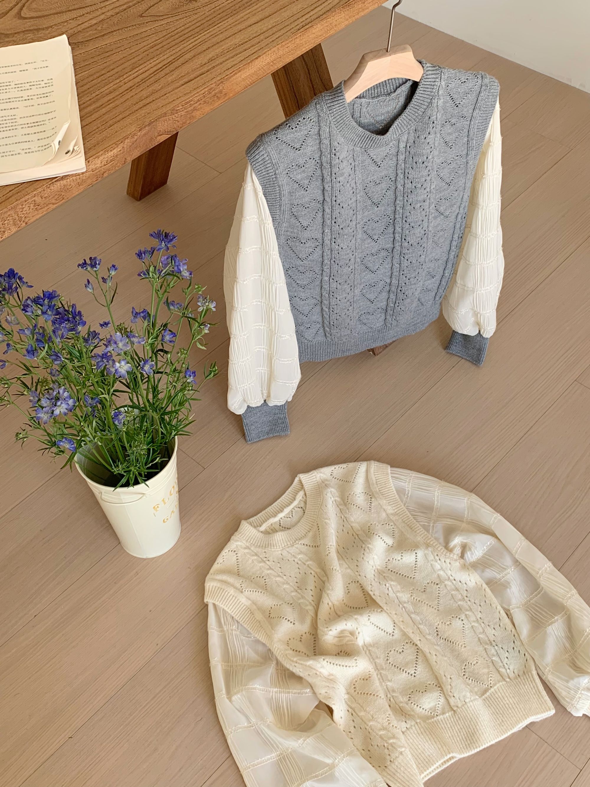 【素简.910126】秋冬新款羊毛混纺波浪线拼布料时尚洋气针织衫