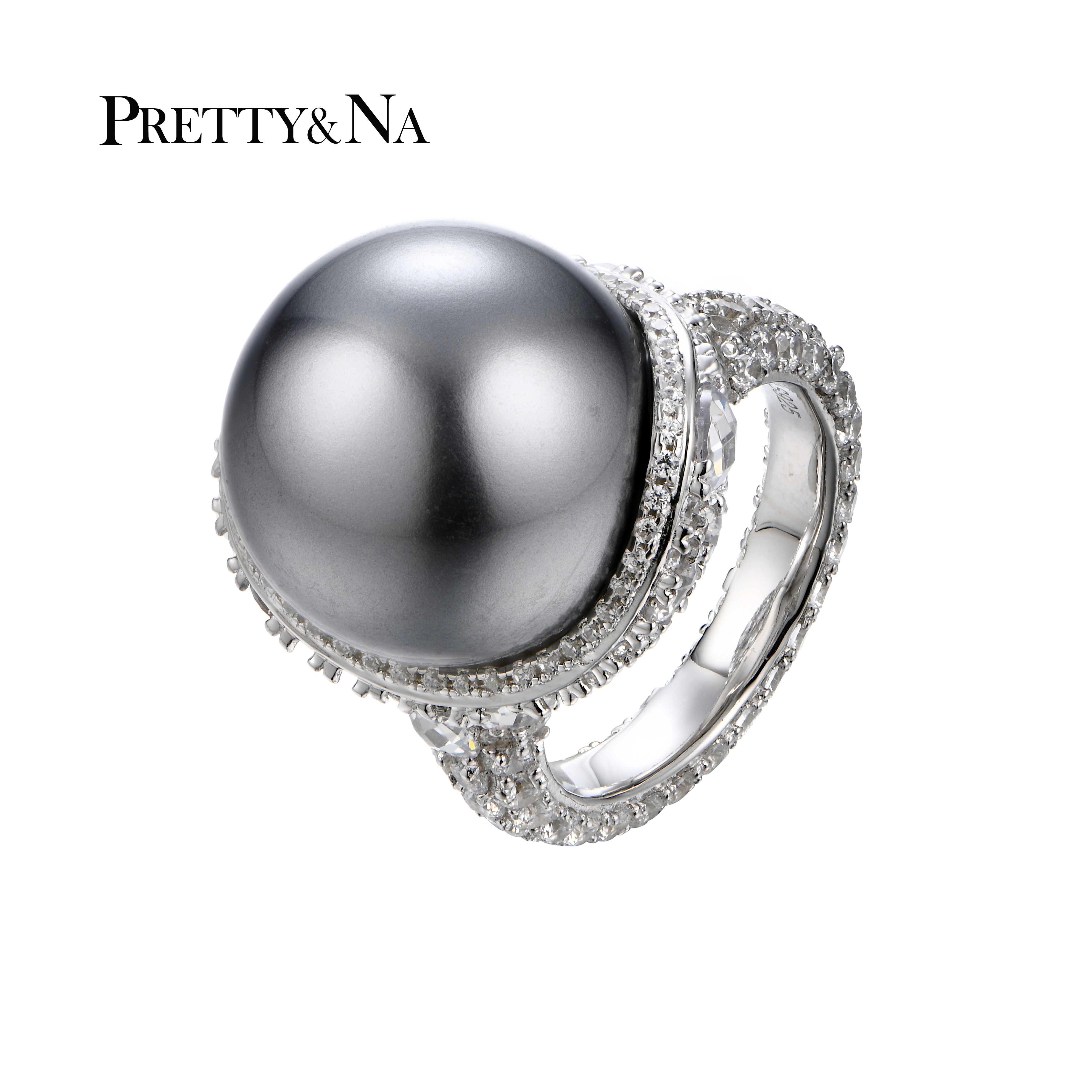 925银仿珍珠戒指 银戒指蓝色轻奢黑色珠女王多层紫色镶嵌满钻豪华