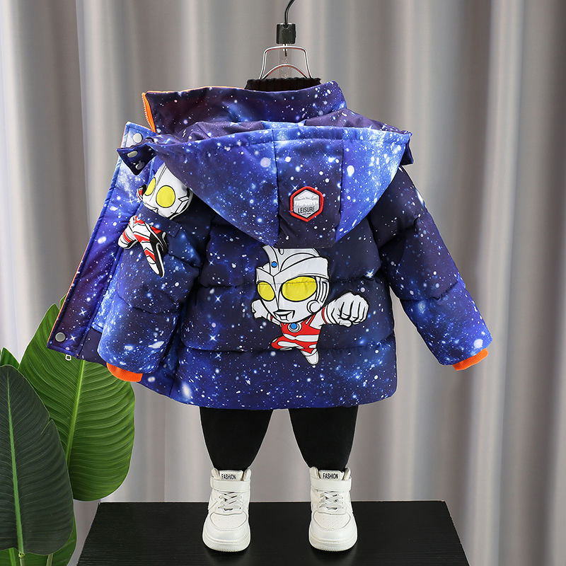 鸭鸭奥特曼男童加绒羽绒服22新款宝宝冬季外出羽绒服儿童加厚痞