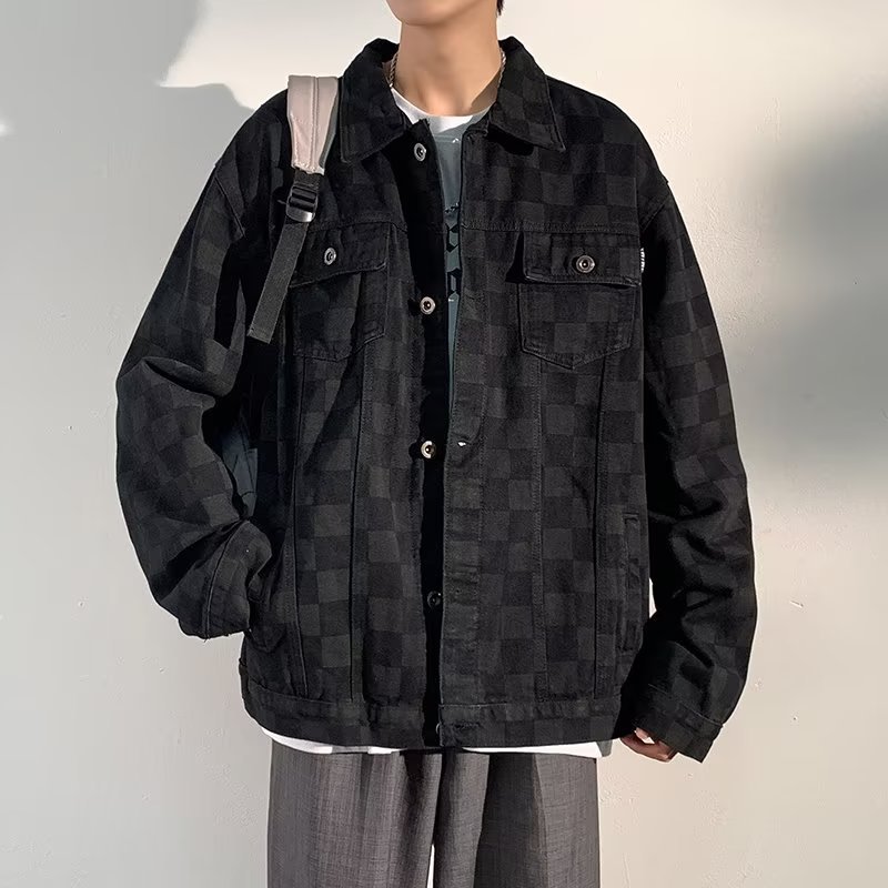 春秋季棋盘格牛仔夹克男复古百搭休闲外套宽松翻领潮男痞帅上衣男