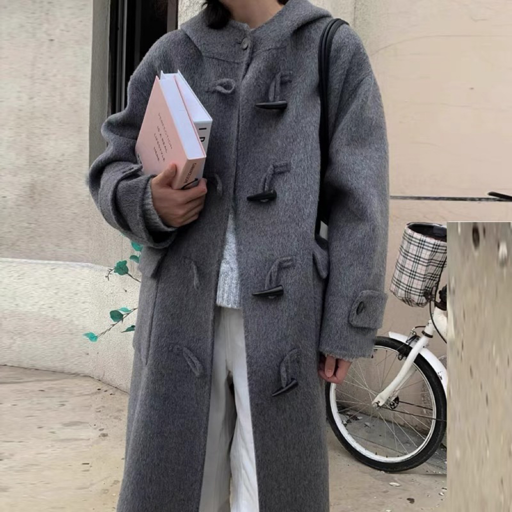 新款牛角扣双面羊毛大衣女学院风宽松连帽小个子羊毛外套