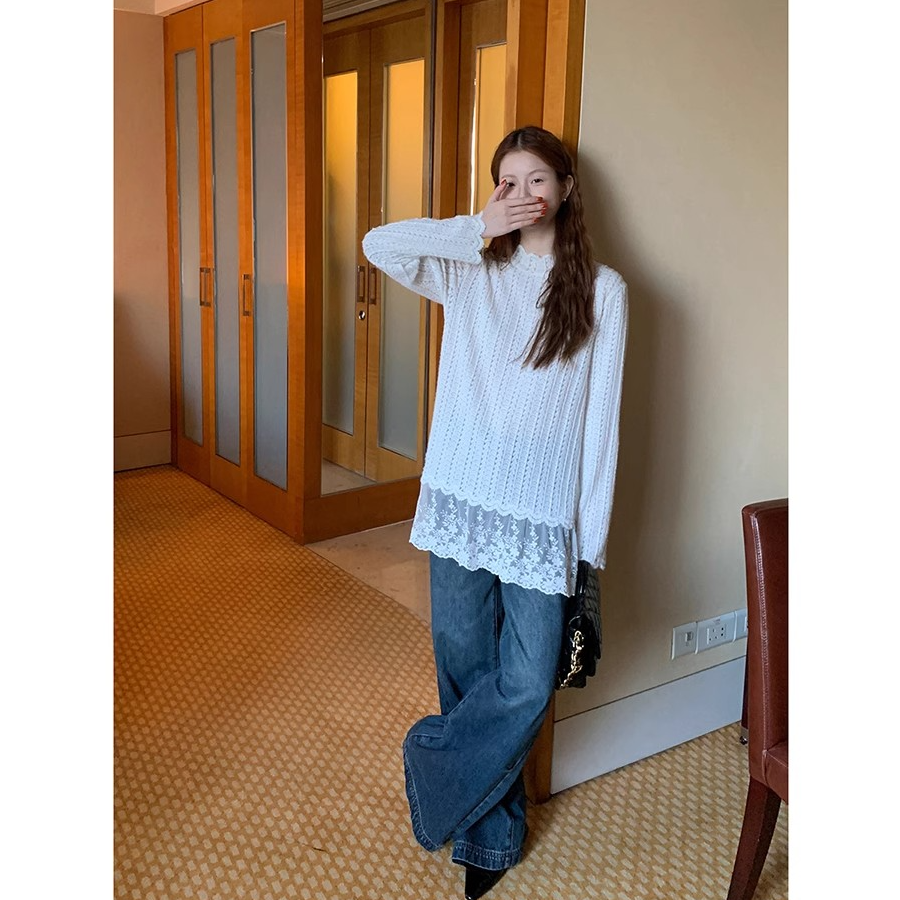 白色打底衫女2024新款爆款秋冬高级感t恤蕾丝内搭长袖上衣