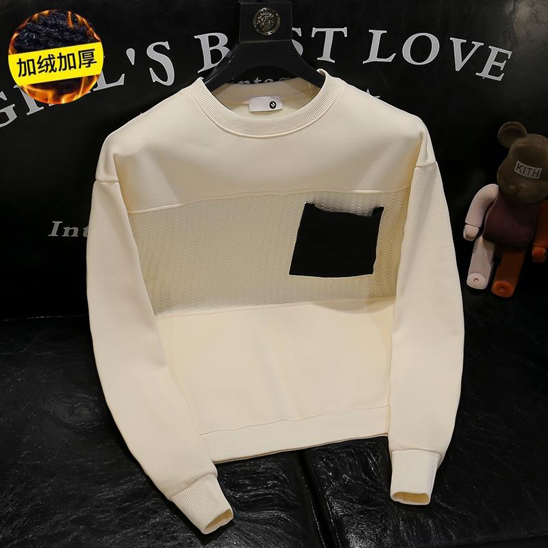 欧洲站拼接圆领撞色长袖秋冬2023新款痞帅时尚百搭休闲加绒潮韩版