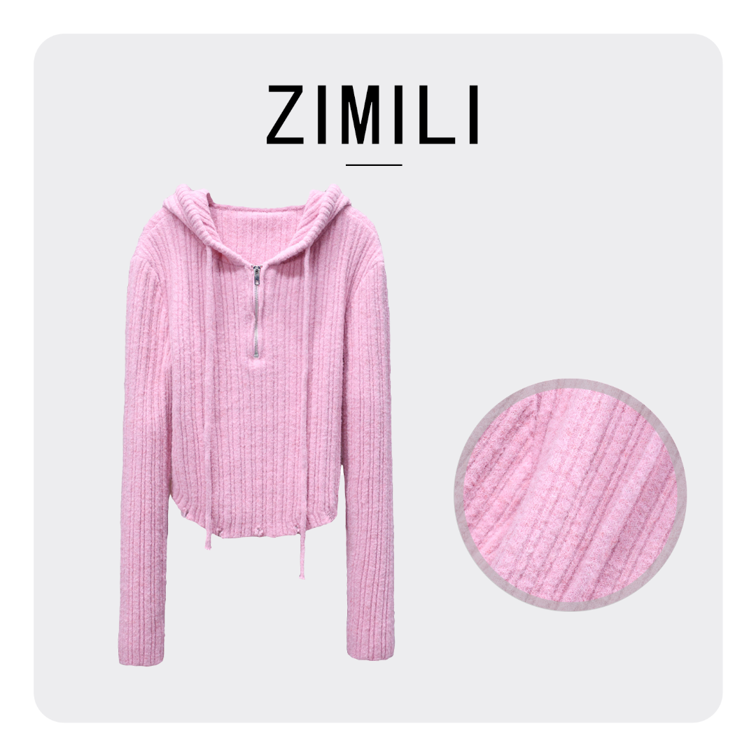 【LIANG哥定制】2024春季加厚休闲轻奢百搭气质连帽藕粉色毛衣1960