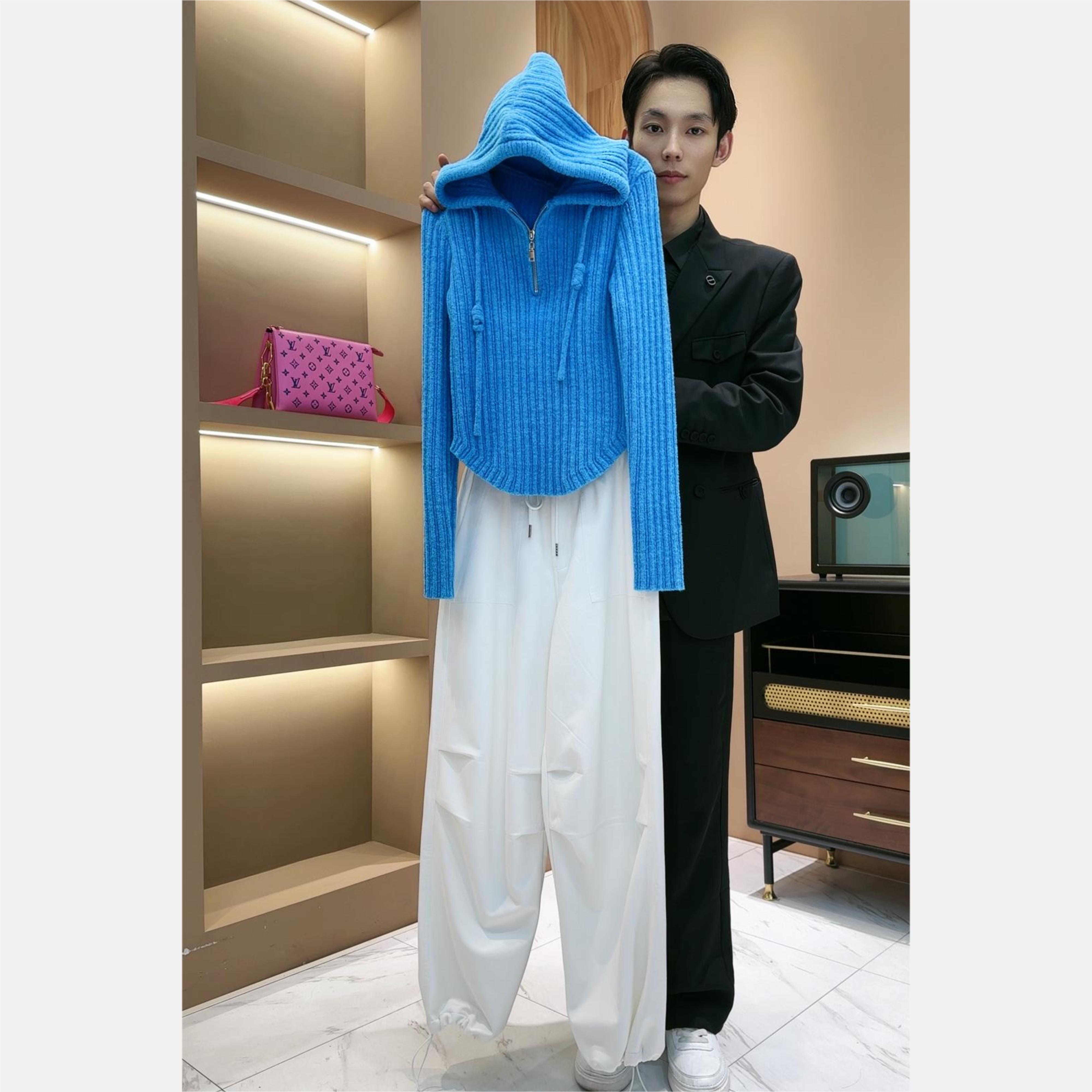 【LIANG哥定制】2024春季新品休闲轻奢百搭气质连帽冰川蓝毛衣2289A