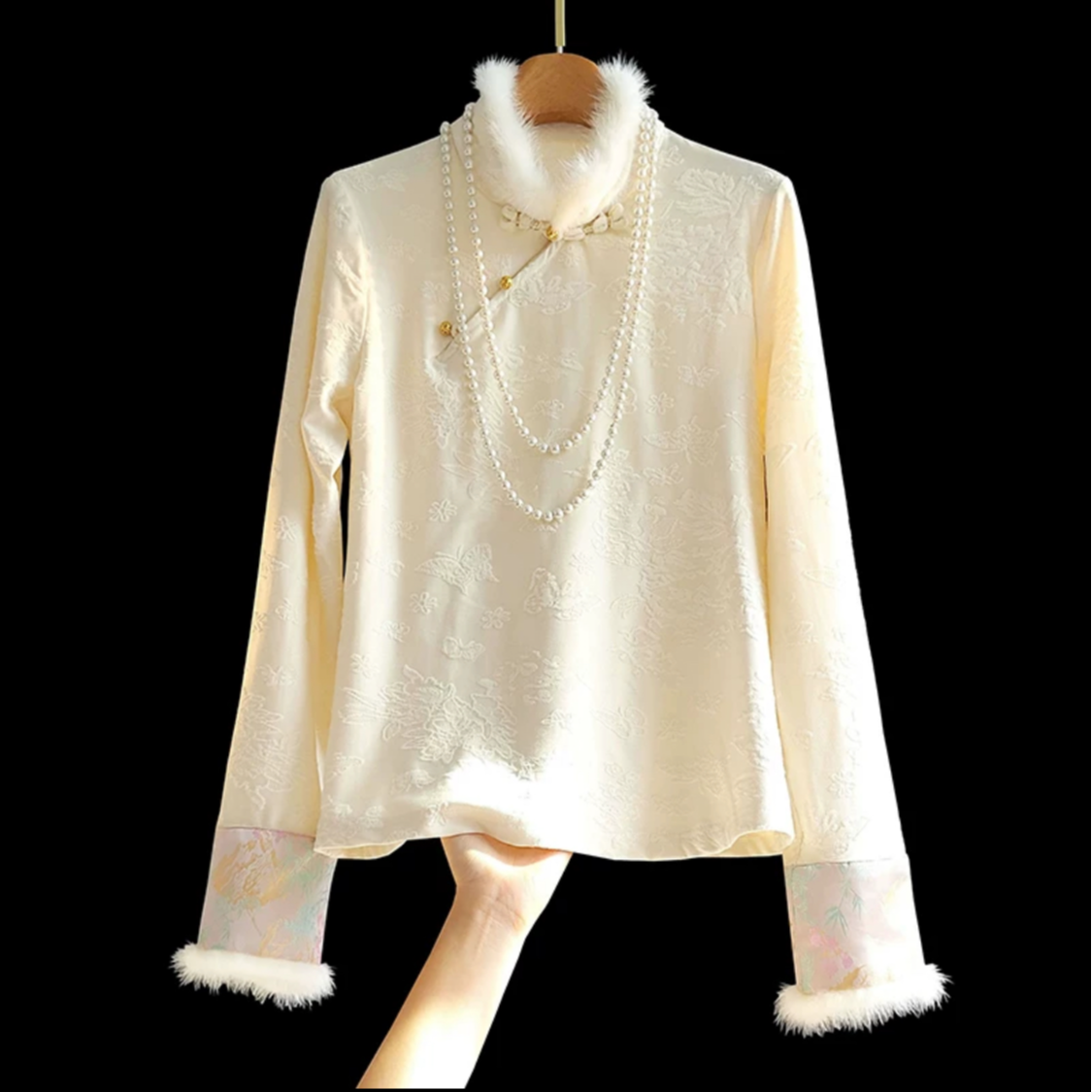 中国风长袖加绒打底衫内搭女水貂毛拼接复古提花新中式衬衫上衣冬