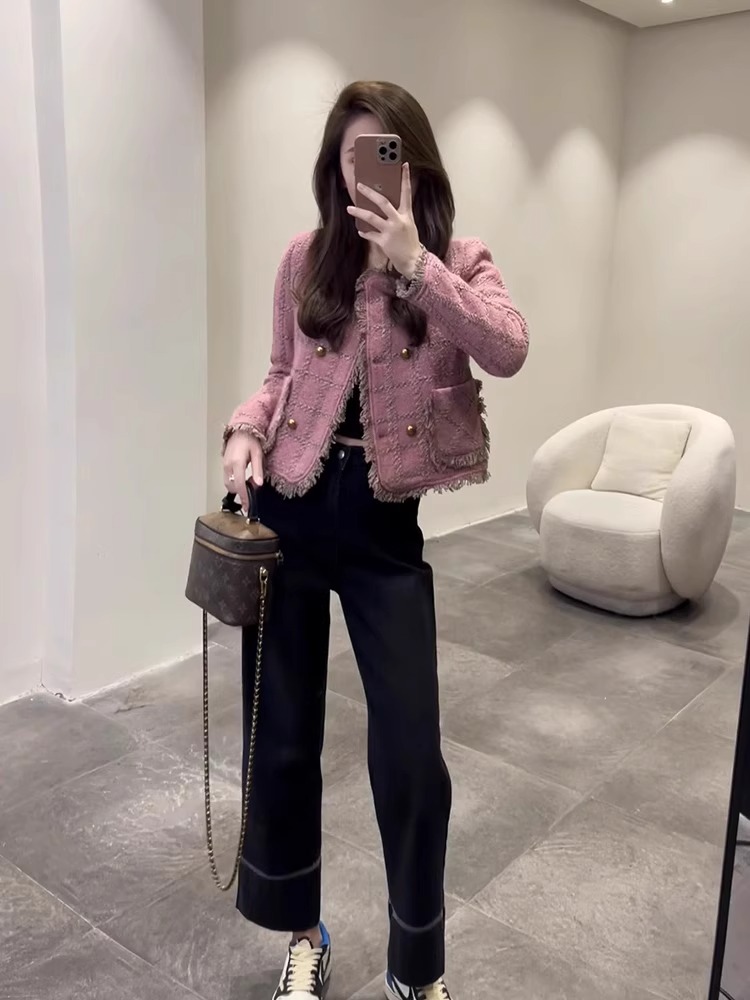 SFY粉色短款外套女2025秋冬百搭气质高级感时尚小香风粗花呢上衣