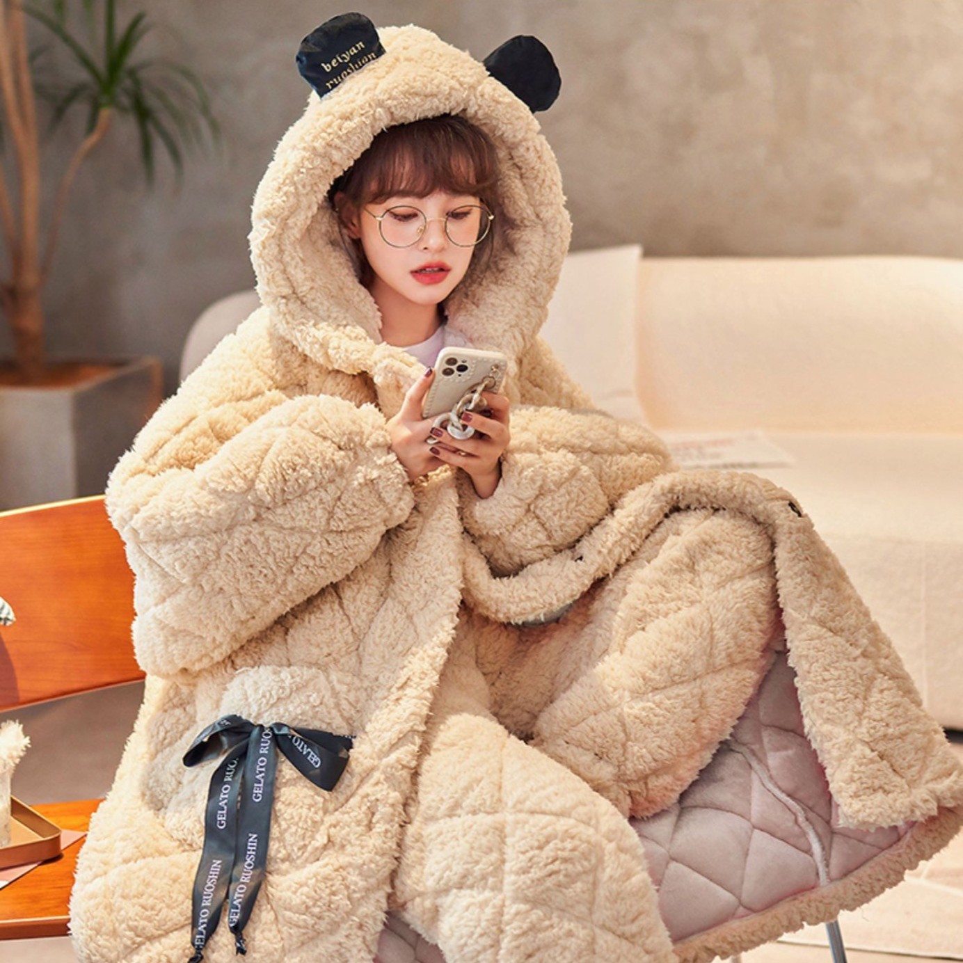 621038睡袍女冬季中长款套装三层夹棉加绒加厚可爱睡衣家居服