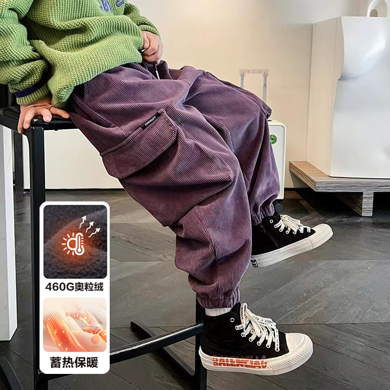 男童灯芯绒工装裤2023加绒新款儿童时髦宽松痞帅裤子中大童街舞裤