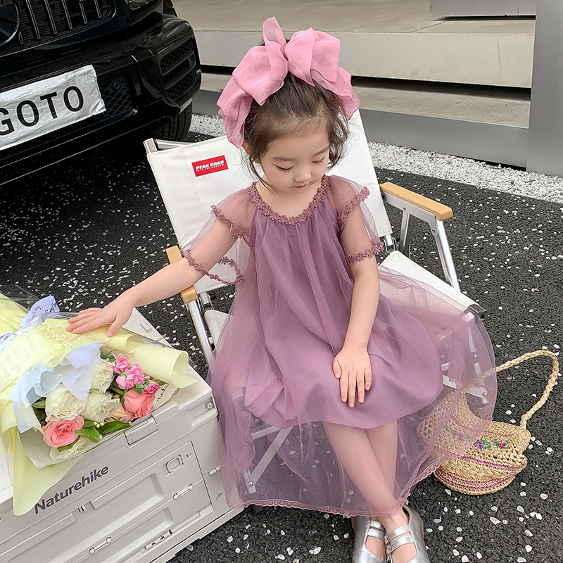 女小童连衣裙夏季2024新款儿童洋气花朵领纱裙女宝宝甜美公主裙潮