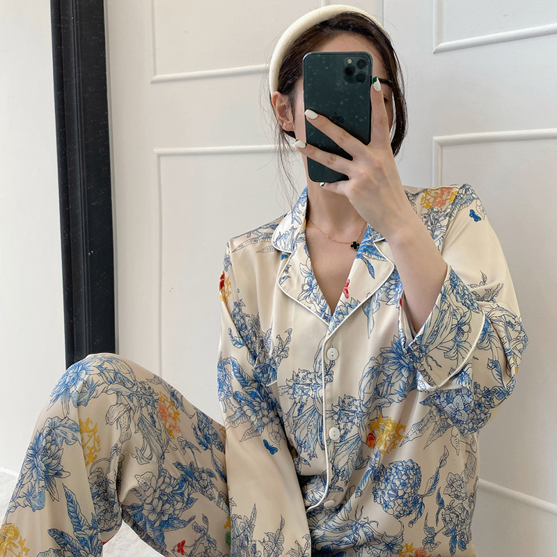 轻奢春秋新款丝滑睡衣女莫奈花高级感长袖开衫气质家居服套装