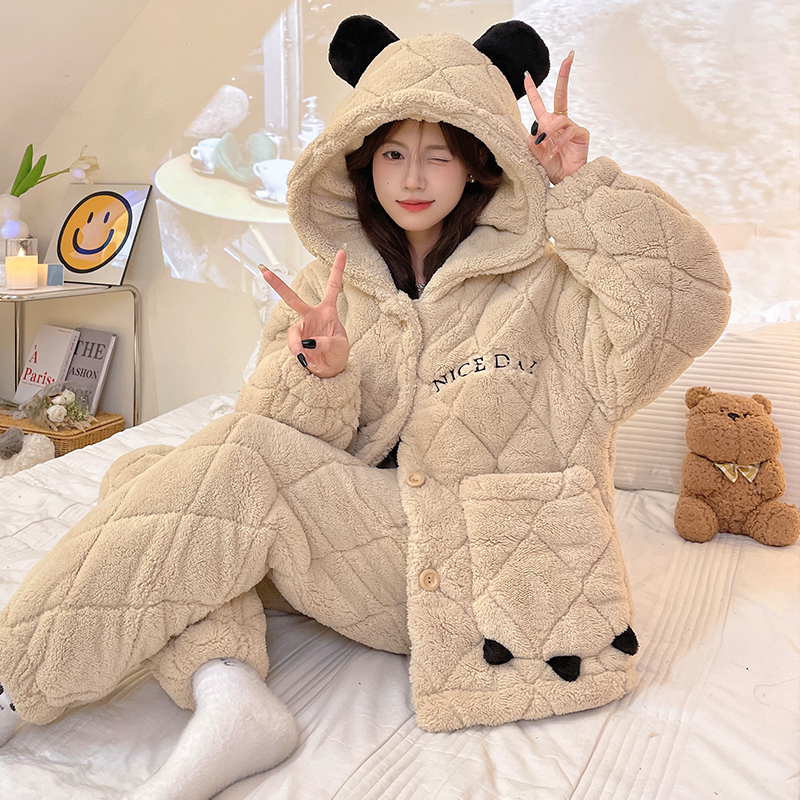 冬天睡衣女士大码加绒加厚保暖套装冬款三层夹棉雪花绒长袖家居服