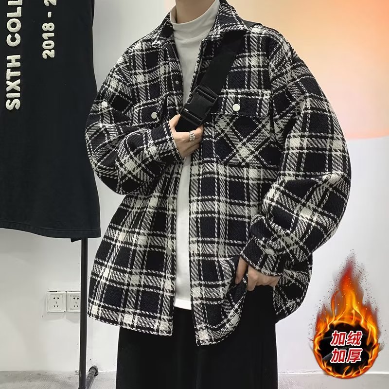小香风夹克男秋冬季潮牌痞帅格子休闲男外套高级感宽松加绒衬衫